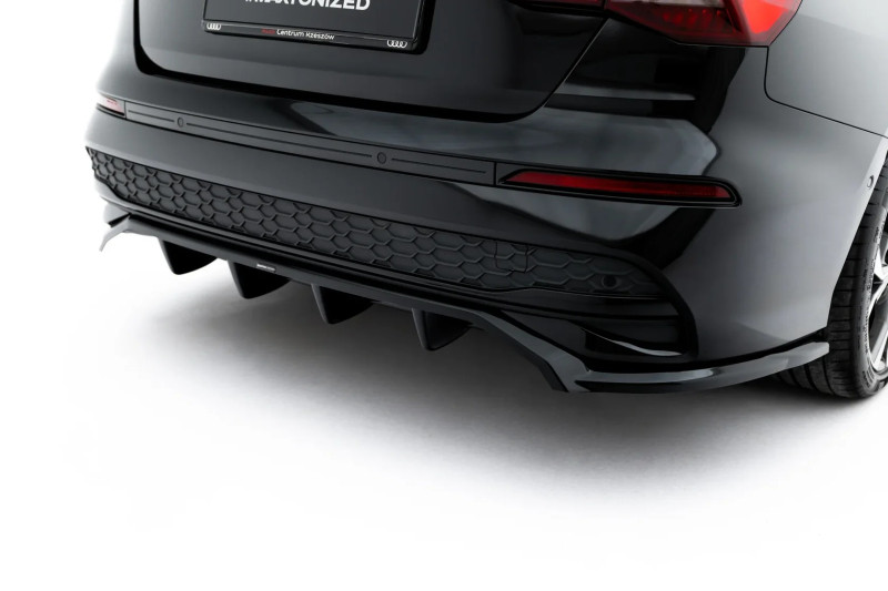Maxton Design spoiler zadného nárazníka (s vertikálnym rebrovaním) AUDI A3 8Y Sedan po FL - čierny lesklý